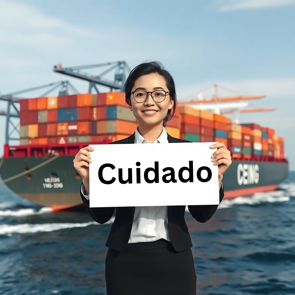 mujer china con letrero que dice cuidado. un buque de carga atras de ella